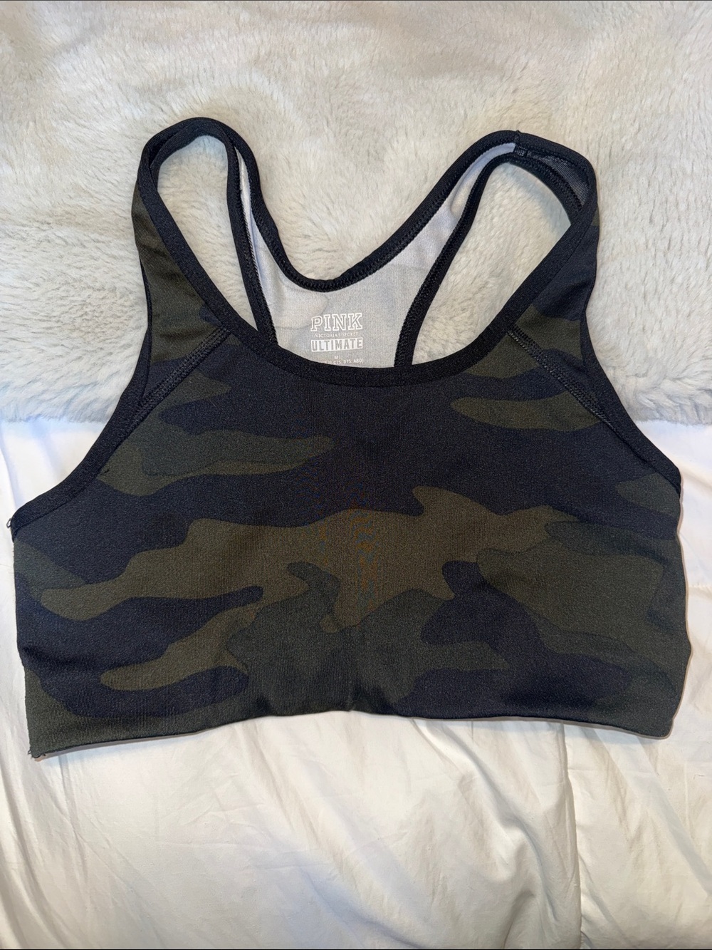 PINK Victoria's Secret Black & Olive Camo Racerback Sports Bra